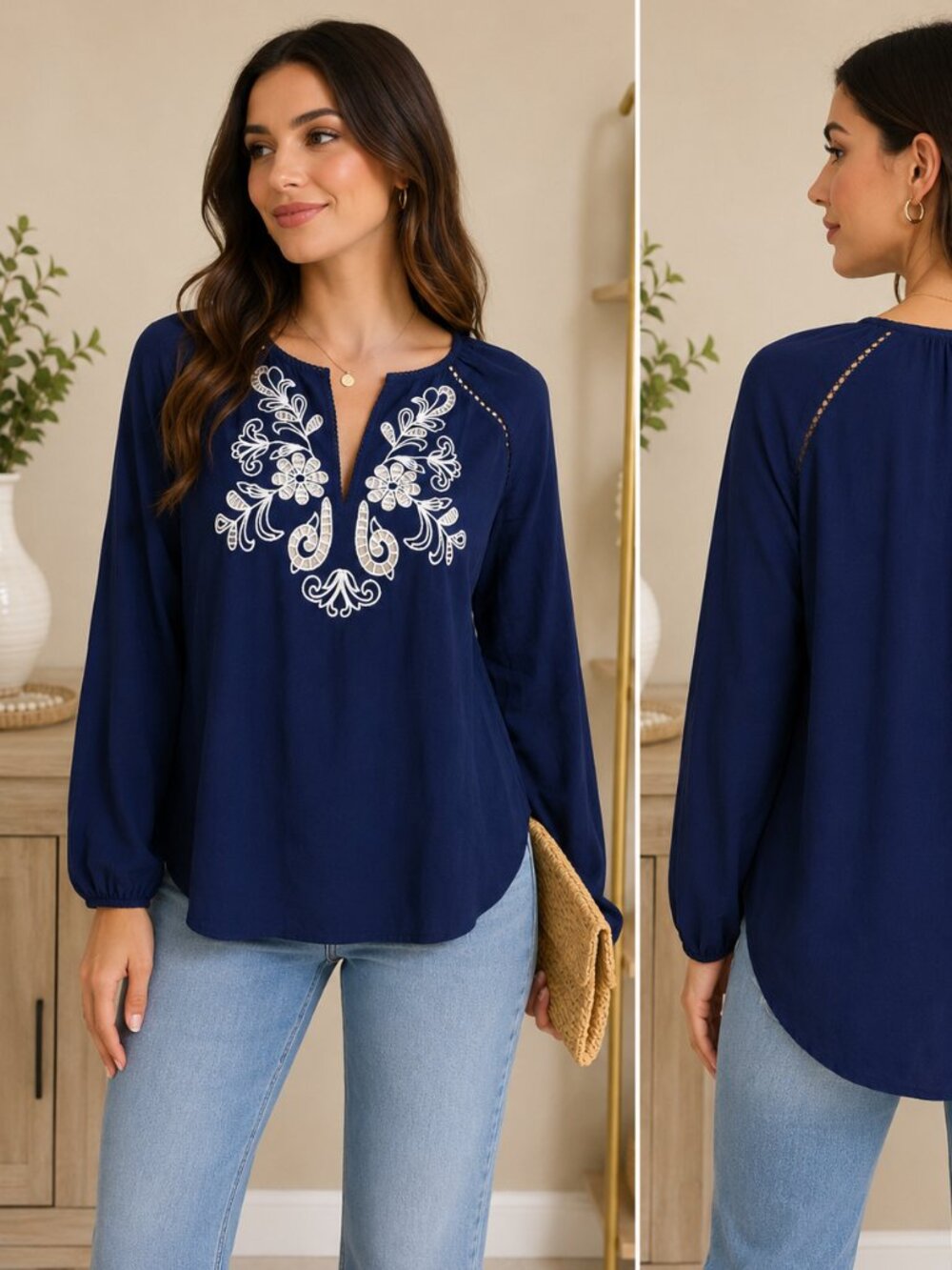 LOFT Navy Embroidered Peasant Blouse Size M NWT